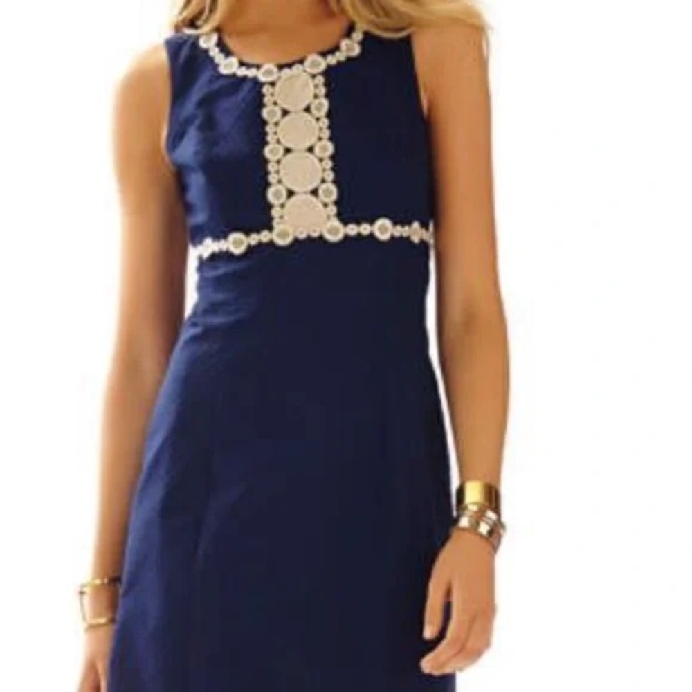 Lilly Pulitzer Navy Blue Sleeveless Shift Dress with Cream Lace Trim